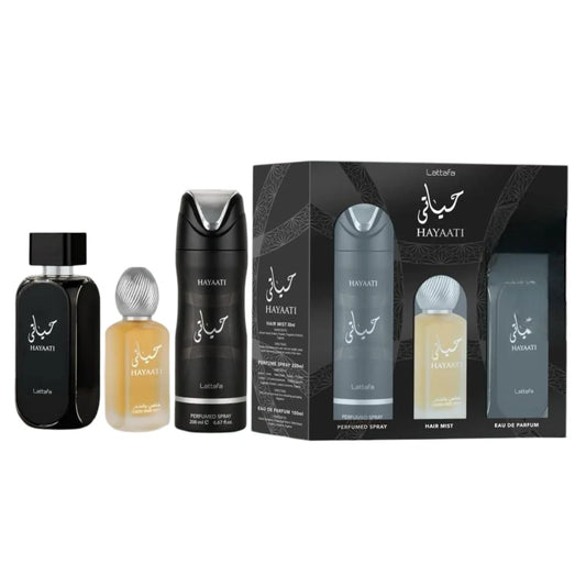 LATTAFA- HAYAATI BLACK 3 PCS GIFT SET (Ins: Invictus Paco Rabanne)