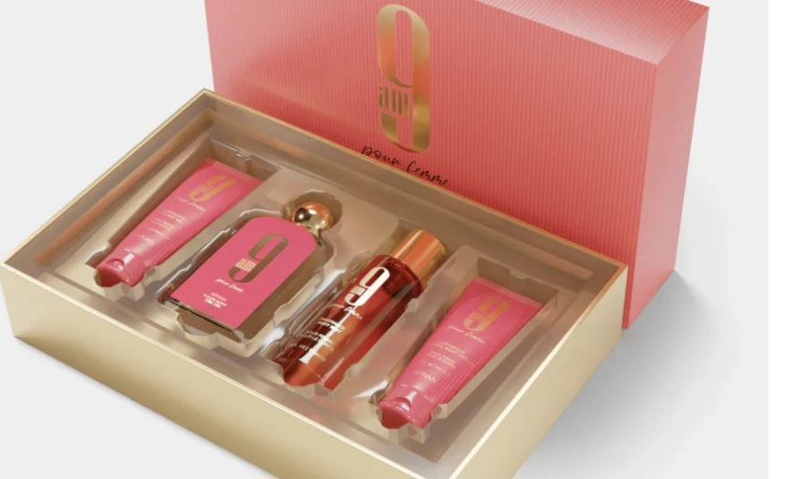 AFNAN 9AM FEMME 4PC SET 3.4 S.GEL/3.4BL/5.0 BODY MIST